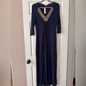 NWT ROMEO & JULIET COUTURE Navy Blue Beaded Neckline Maxi Dress size M